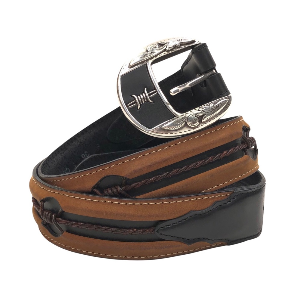 JUSTIN Men's Western Cowboy Leather Belt Size 36 Barbed Wire Buckle Brown Black